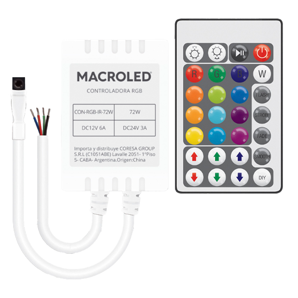 Controlador RGB Infrarrojo – 72 W – DC 12–24 V (Modelo: CON-RGB-IR-72W)